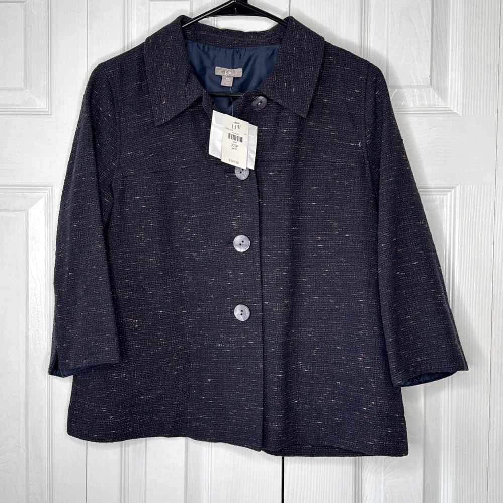 J. Jill Tweed‎ Swirl Womens Jacket Blue/Black /Multi Button Front 3/4 Sleeve XSM
